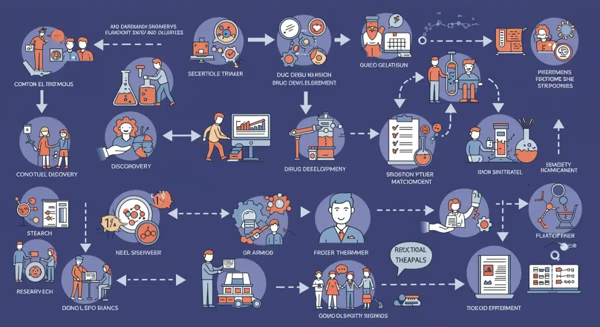 Infographic showing the multi-stage process of drug development in biotech.