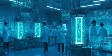 Scientists working in a futuristic biotech lab with glowing bioreactors, representing advanced research and investment opportunities.