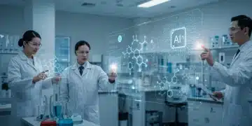 Futuristic lab with AI drug discovery interface