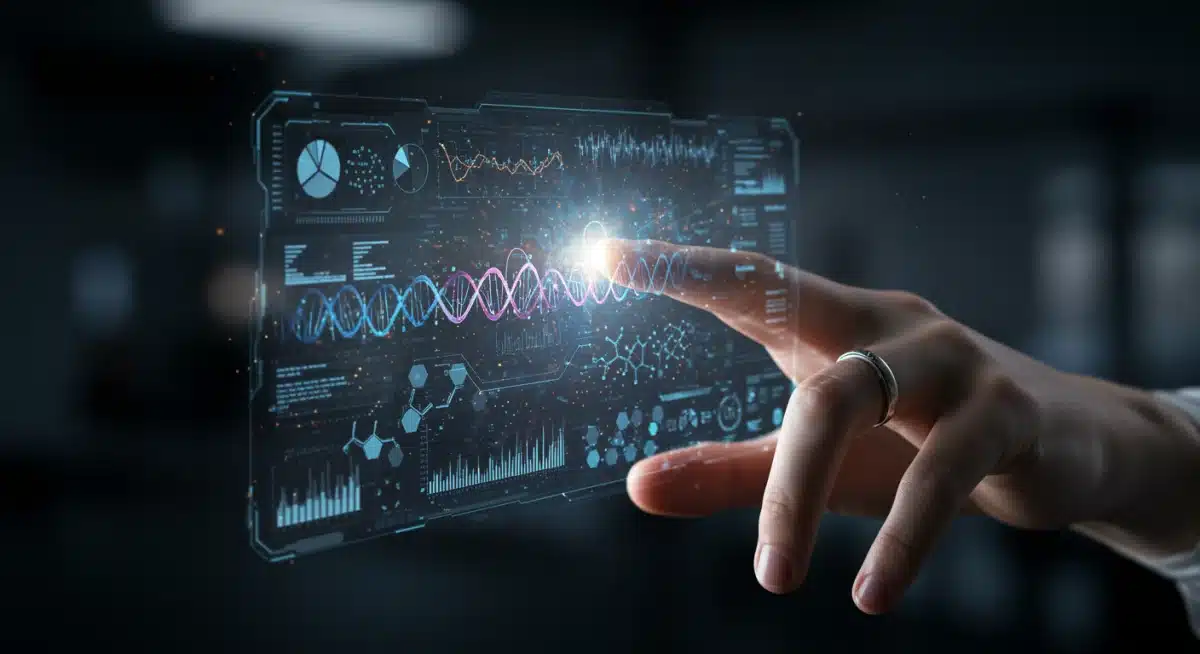 Hand interacting with holographic genetic data interface