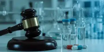 Gavel on pharmaceutical vials with financial charts, symbolizing IRA's impact on biotech drug pricing and investment