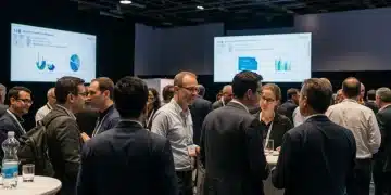 Biotech investors networking at a Q1 2026 US forum, discussing market trends and innovation.