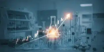 Graph showing upward trend with biotech flask, symbolizing growth in small-cap biotech stocks.