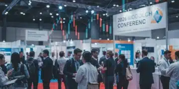 Attendees engaging at a busy 2026 US biotech conference, surrounded by scientific displays and networking opportunities, symbolizing investment and collaboration.