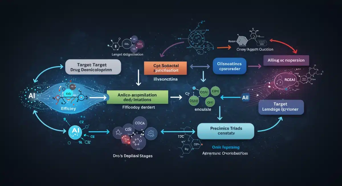 AI-accelerated drug development pipeline from research to clinical trials.