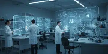 Scientists using advanced AI platforms for drug discovery in a modern biotech lab.