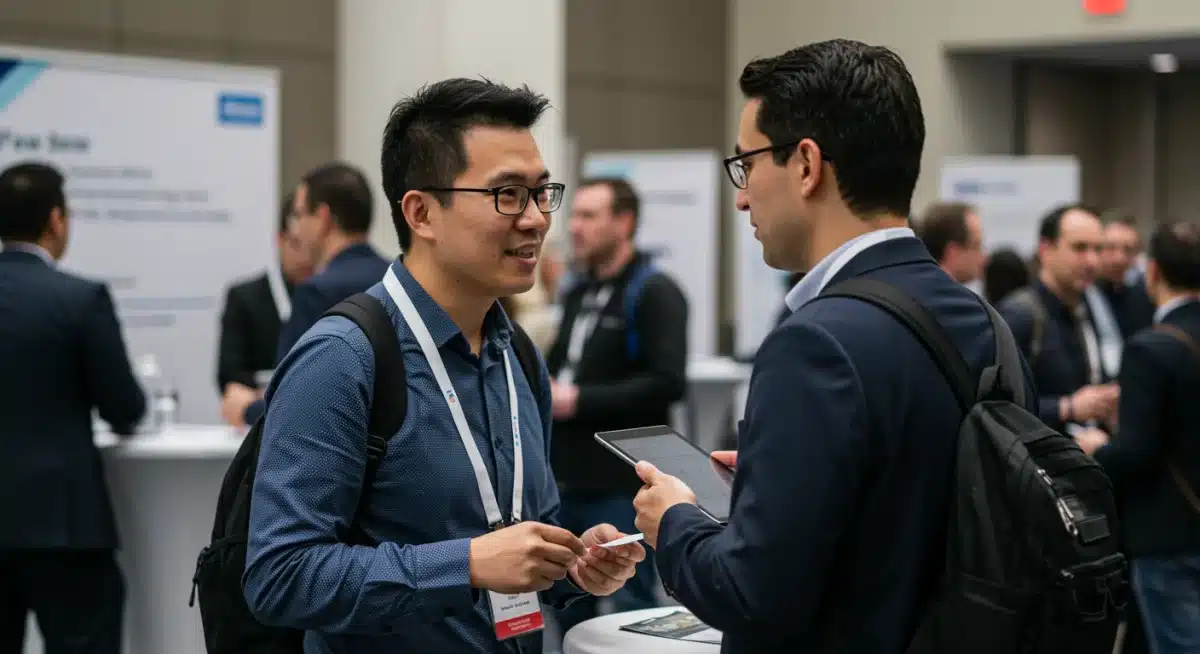 Two professionals networking intently at a biotech conference, exchanging ideas and fostering potential collaborations.