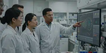 Scientists analyzing complex genetic data in a state-of-the-art biotechnology laboratory.