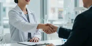 Professional woman successfully negotiating biotech salary in a modern office, showing upward financial trend.