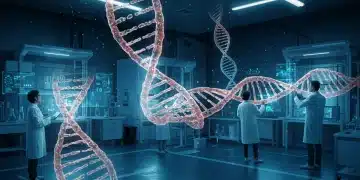 Futuristic lab with DNA helix and researchers, representing CRISPR patent landscape