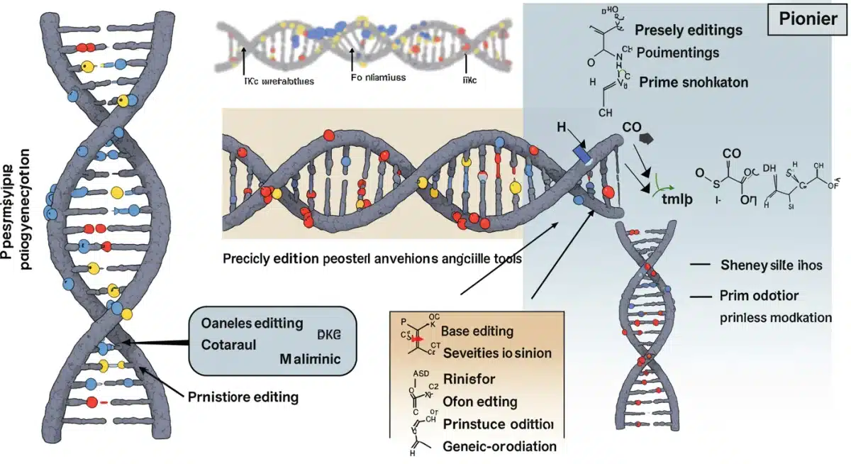 Illustrative diagram showing precise base pair changes within a DNA strand, demonstrating gene editing accuracy.