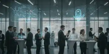 Professionals networking at a futuristic biotech conference in 2026, discussing innovation.