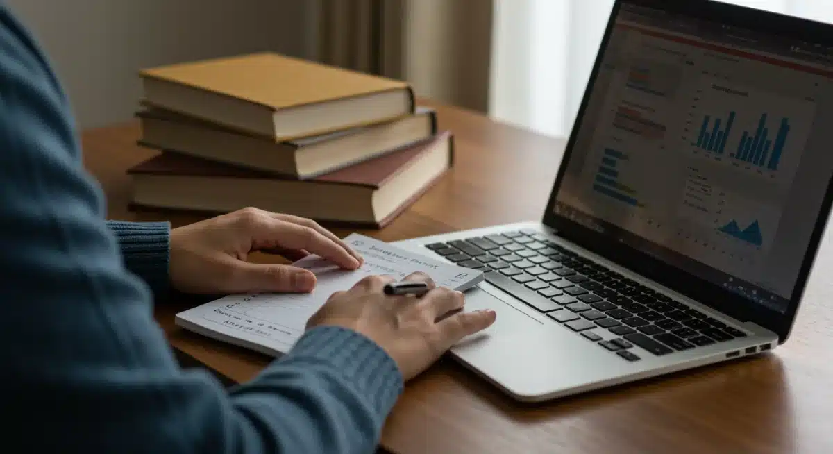 Individual researching salary data on a laptop, preparing for biotech compensation negotiation with notes and books.