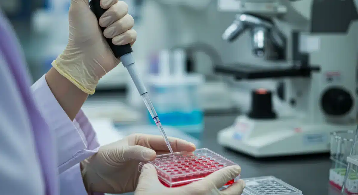 Scientist performing precise pipetting in a biotechnology research laboratory.