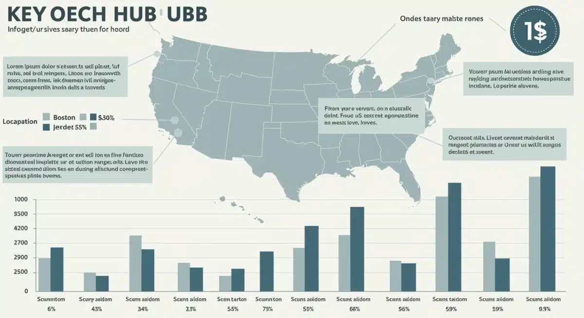Infographic illustrating US biotech hubs and their respective average salary ranges by role, emphasizing geographical impact.
