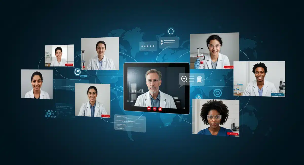 Diverse group of biotech professionals networking virtually on a modern online platform.