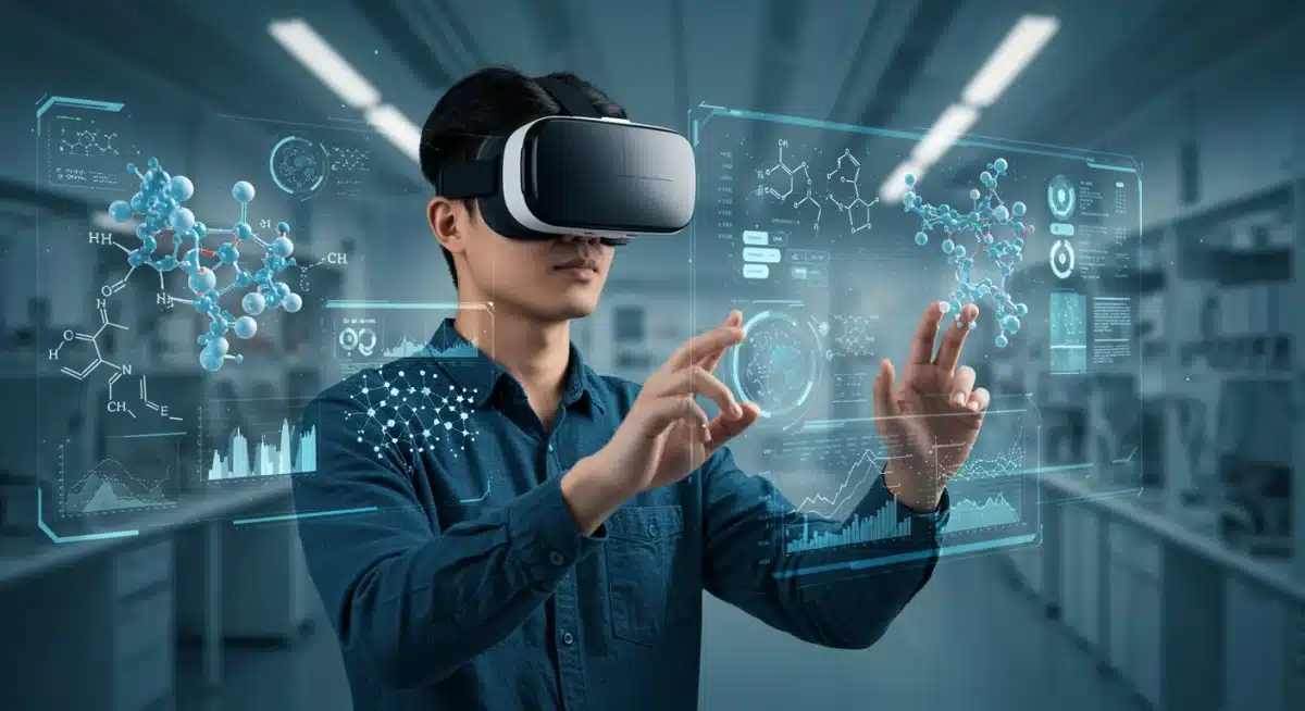 Person in VR goggles interacting with 3D molecular data at a virtual biotech conference.
