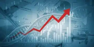 DNA helix with stock graphs symbolizing biotech growth and FDA approval