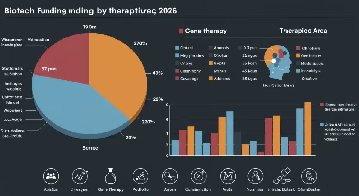 Infographic detailing biotech funding distribution across therapeutic areas in Q1 2026, showing leading sectors.