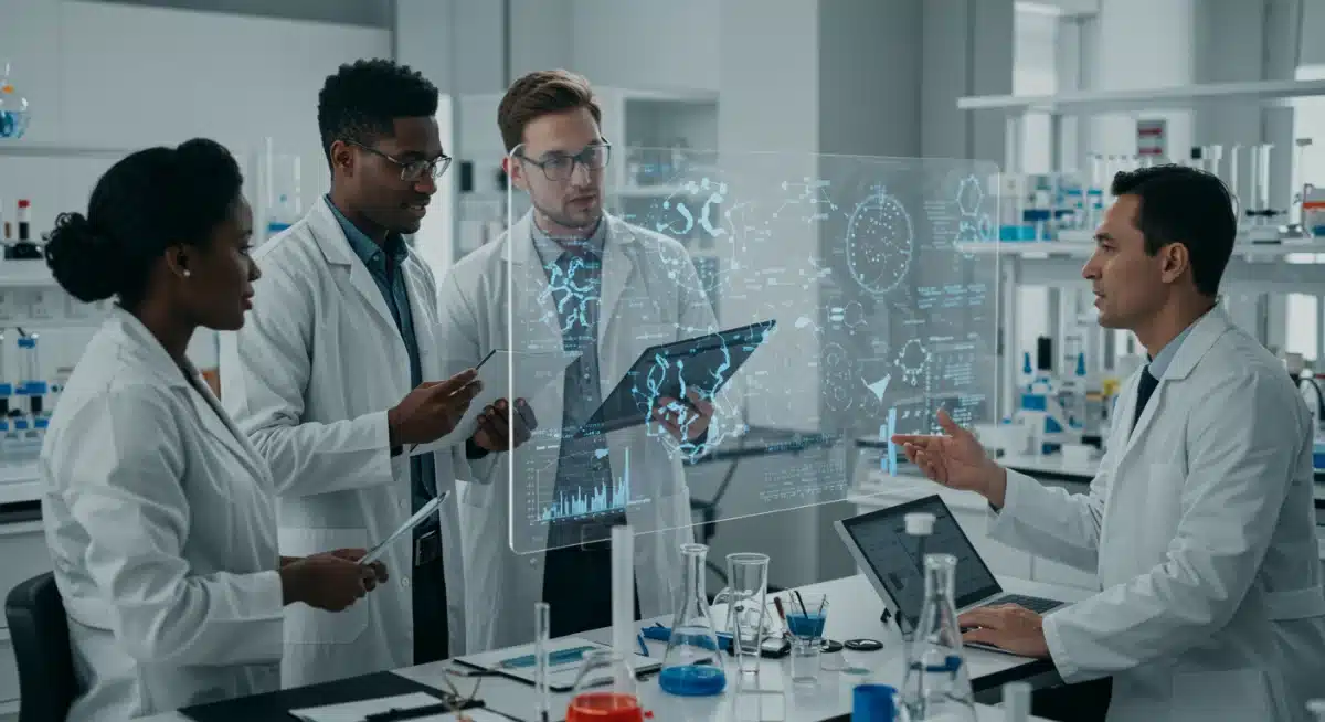 Scientists and entrepreneurs collaborating in a modern lab, discussing biological models on a transparent screen.