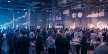 Professionals networking at a futuristic biotech conference, with data visualizations of financial growth.