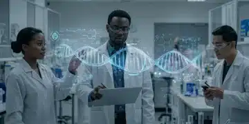 Scientists collaborating in a futuristic biotech lab, analyzing data projections.