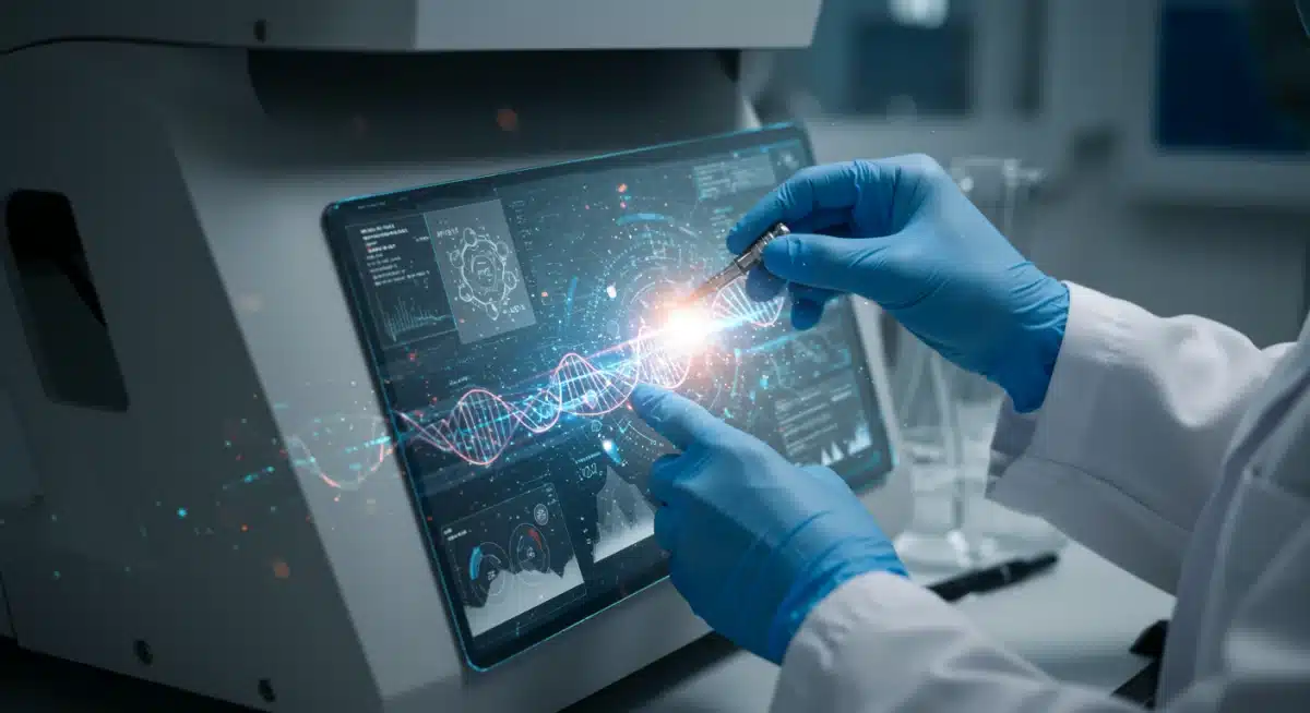 Scientist working with gene-editing technology in a modern laboratory.