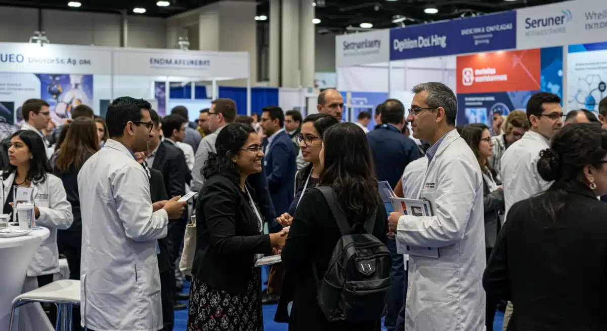 Networking at an in-person biotech conference