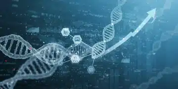 Vibrant biotech research network with glowing data and financial graphs, symbolizing US biotech funding growth.