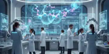 Futuristic lab with AI drug discovery, optimizing R&D processes.