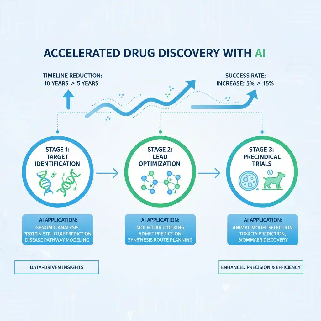 Infographic showing AI applications in various drug discovery stages.
