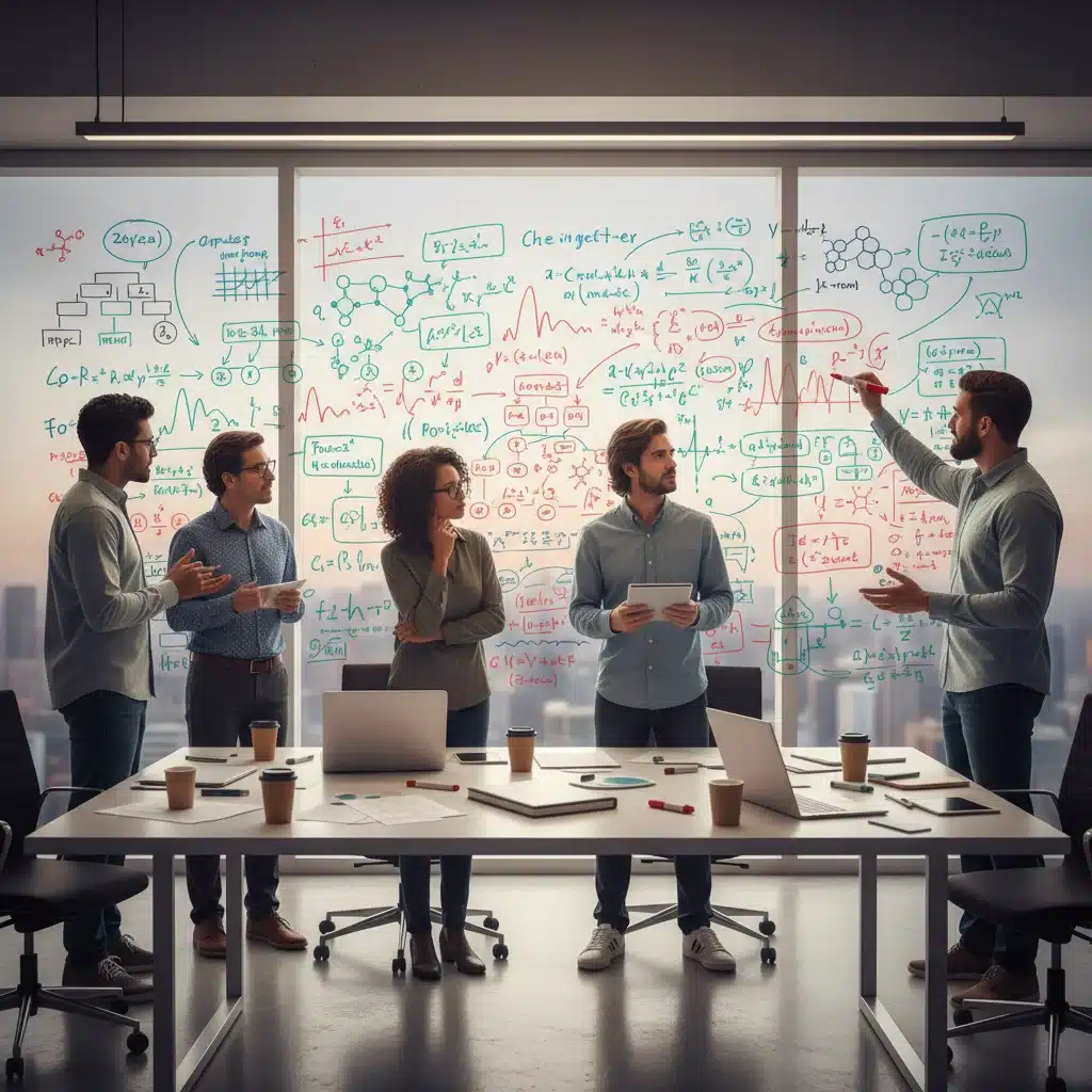 Biotech team brainstorming complex scientific problems on a whiteboard, showcasing collaborative innovation.