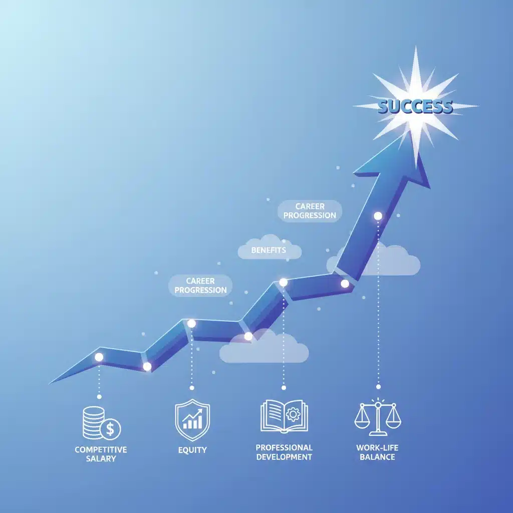 Infographic illustrating career growth and comprehensive employee benefits package for biotech professionals.