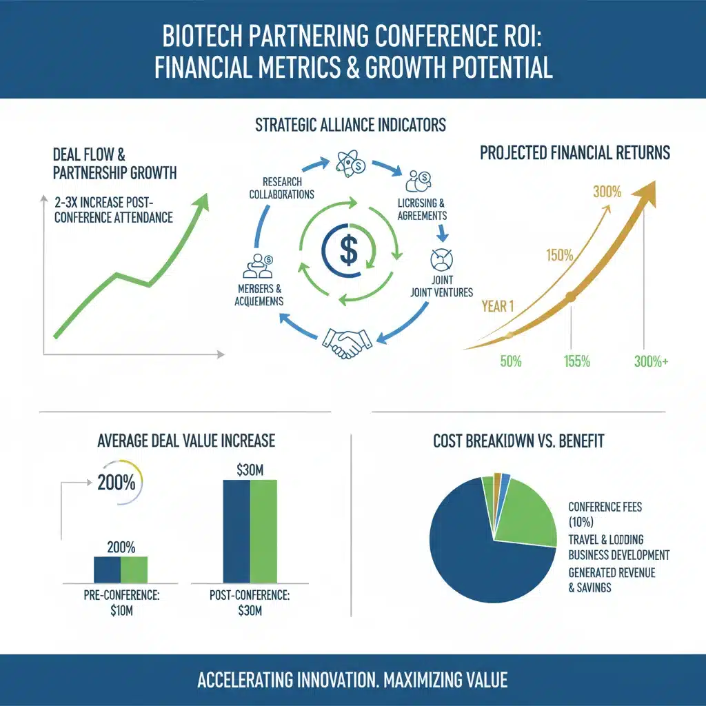 Infographic showing financial metrics and ROI from biotech partnering conferences.