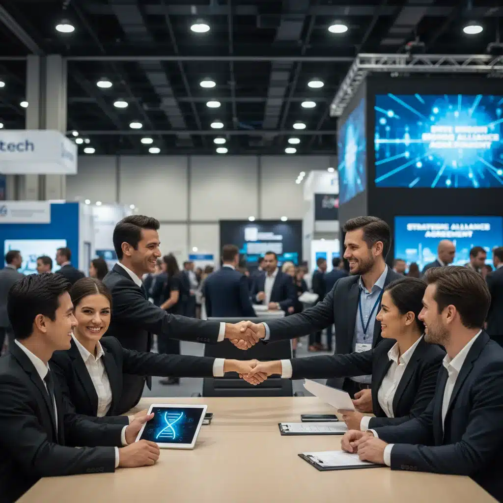 Successful deal-making and strategic alliance formation at a biotech partnering event.