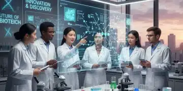 Young scientists collaborating in a modern biotech lab, discussing data on a large screen, symbolizing innovation and career growth in biotech internships 2026.