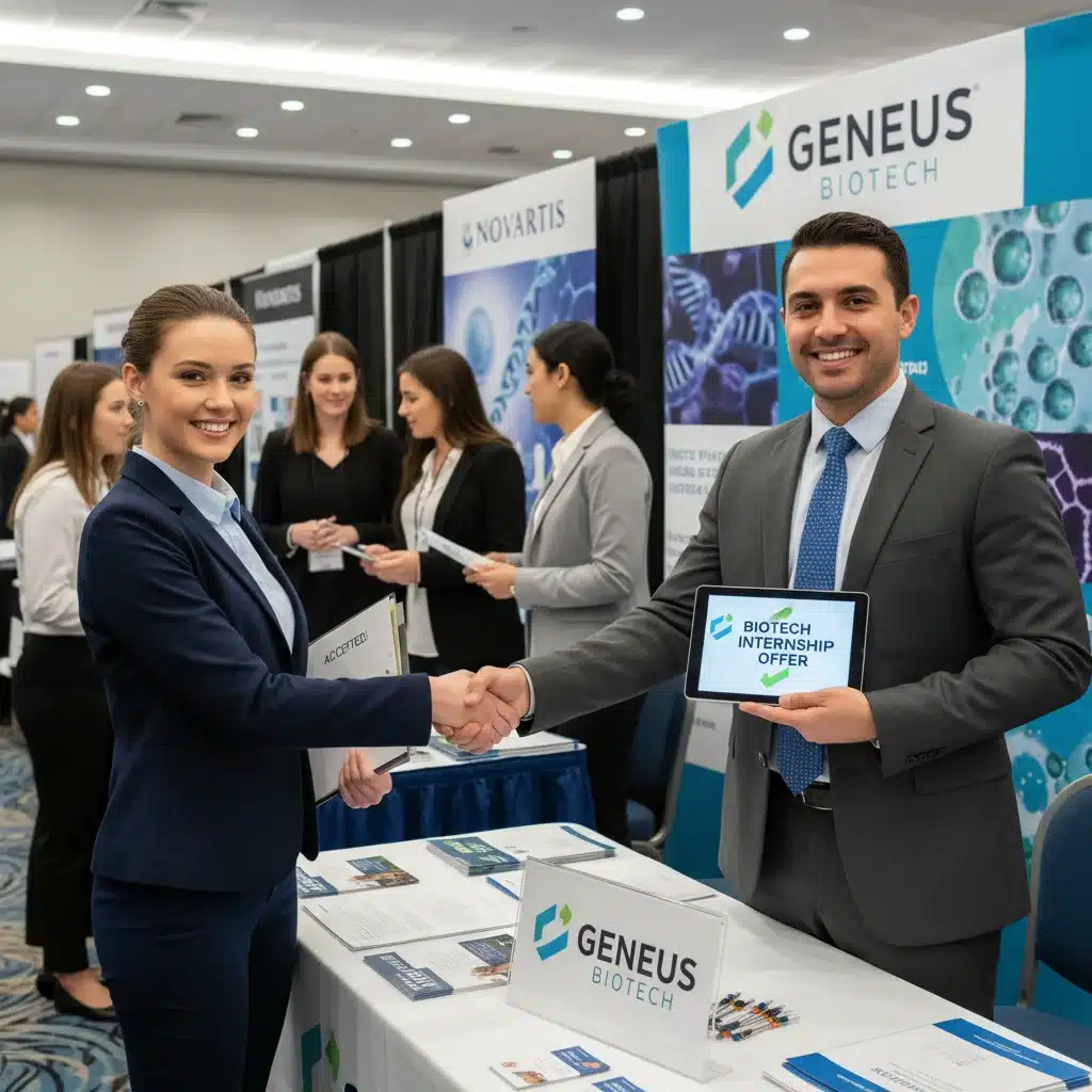 Professional shaking hands with a recruiter at a career fair, symbolizing successful networking for biotech internships.