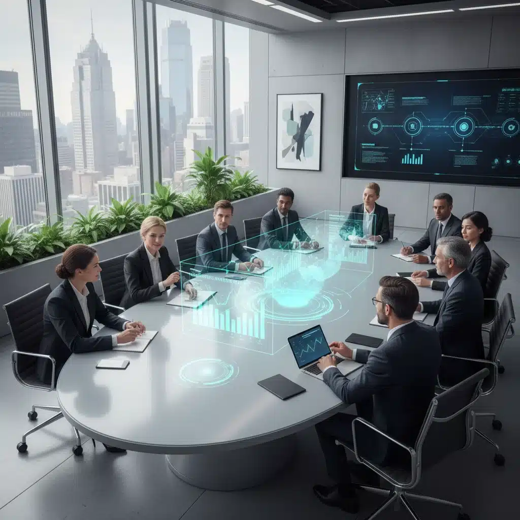 Venture capitalists and biotech executives discussing investment strategies in a conference room.
