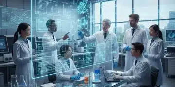 Scientists collaborating in a high-tech biotech lab, representing innovation and teamwork in the industry.