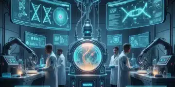 Scientists analyzing biotech data with regulatory guidelines on screens