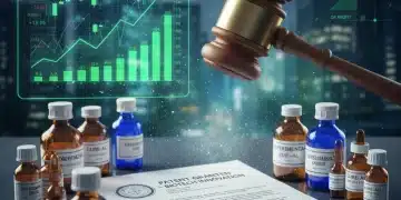Gavel on patent document with biotech drugs and financial graphs