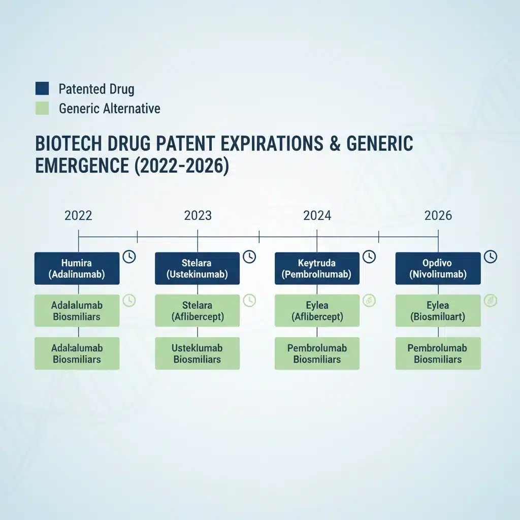 Infographic of biotech patent expiration timeline with generic drugs