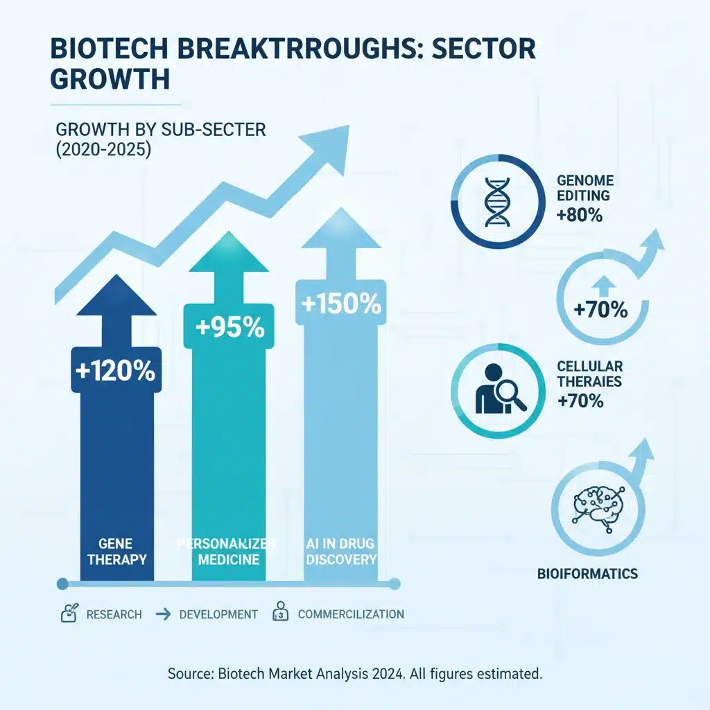 Infographic showing growth trends in specific biotechnology sub-sectors.