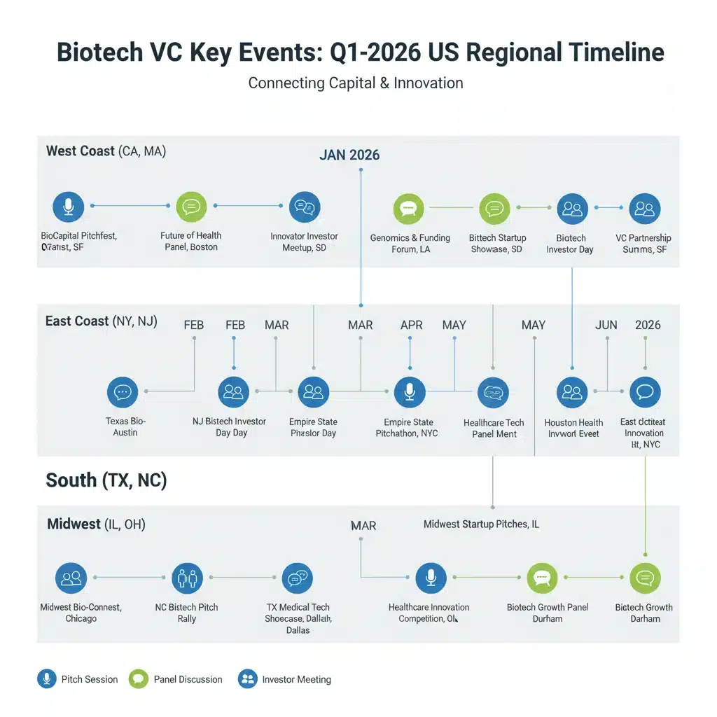 Infographic displaying a timeline of biotech VC events in early 2026