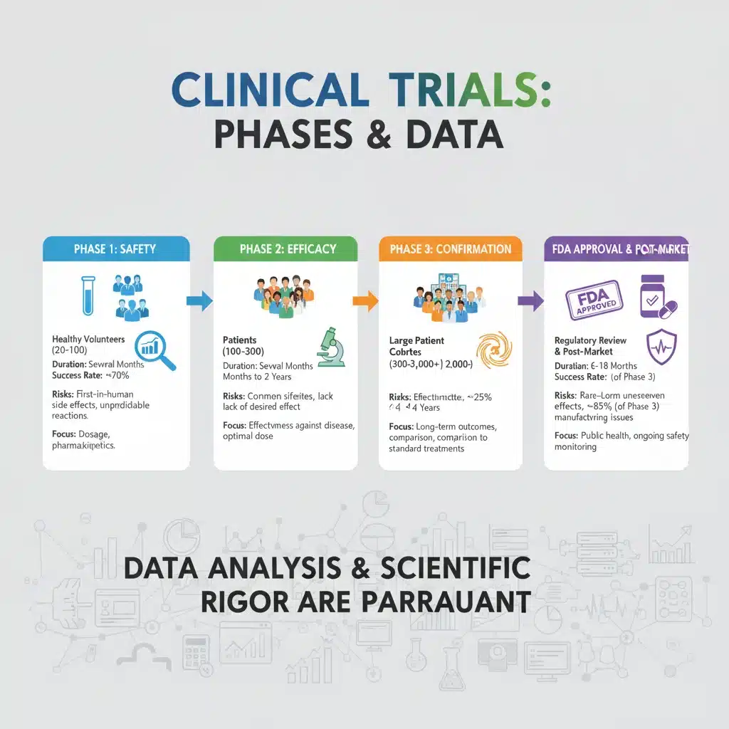 Clinical trial phases and associated risks infographic