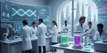 Scientists analyzing genetic data in a state-of-the-art biotech lab, symbolizing future innovation.