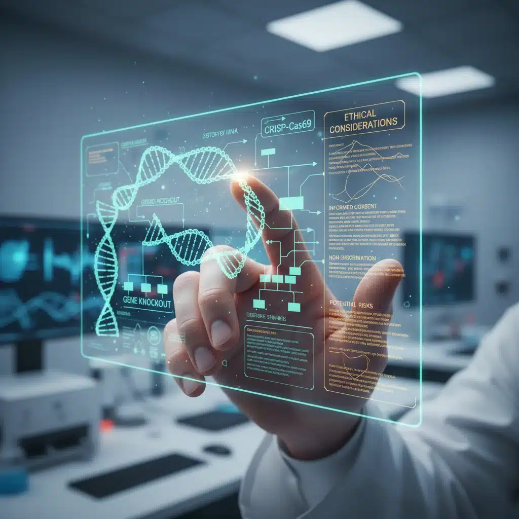 Hand interacting with holographic display of gene editing and ethical guidelines