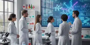 International scientists collaborating in a US biotech lab, symbolizing visa sponsorship and innovation.