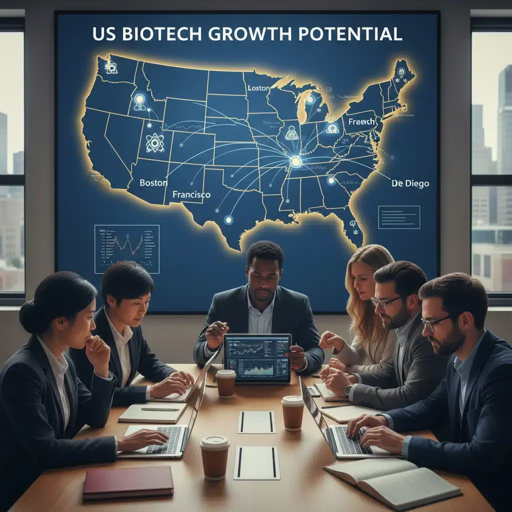 Investors analyzing biotech market data and US growth regions