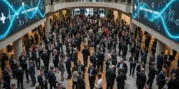 Professionals networking at a large healthcare conference, exchanging ideas and business cards.